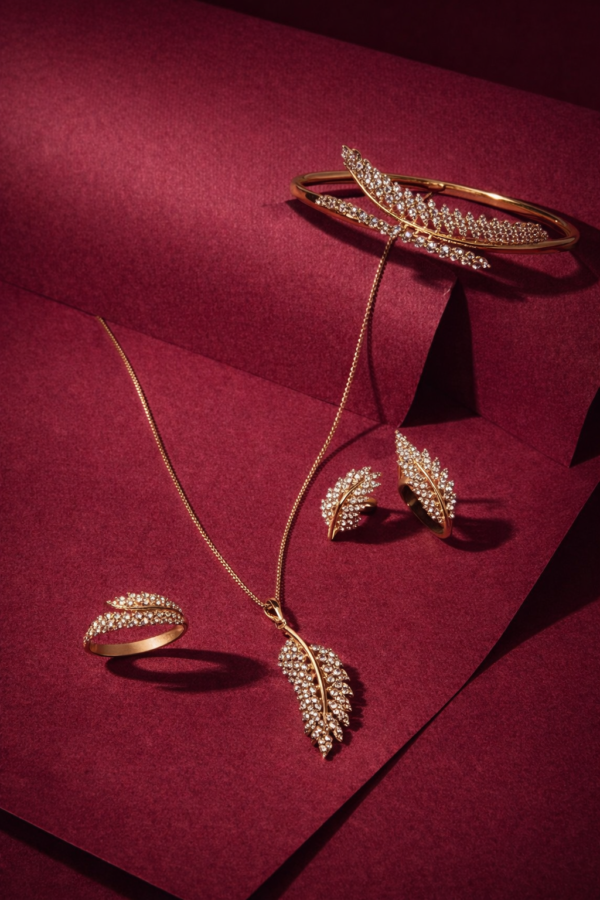 Pack Feuille Luxe Inoxydable (4 Pièces) | Collier + BOUCLES + Bague + Bracelet